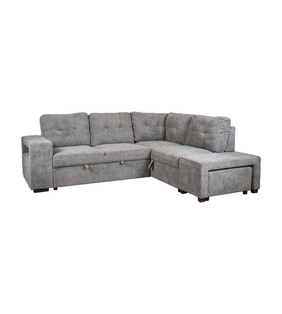 DIVANO LETTO CON PENISOLA A DESTRA BELLAHOME "GAIA" TESSUTO GRIGIO CON POUF E CONTENITORI, 254X83/194X88 CM